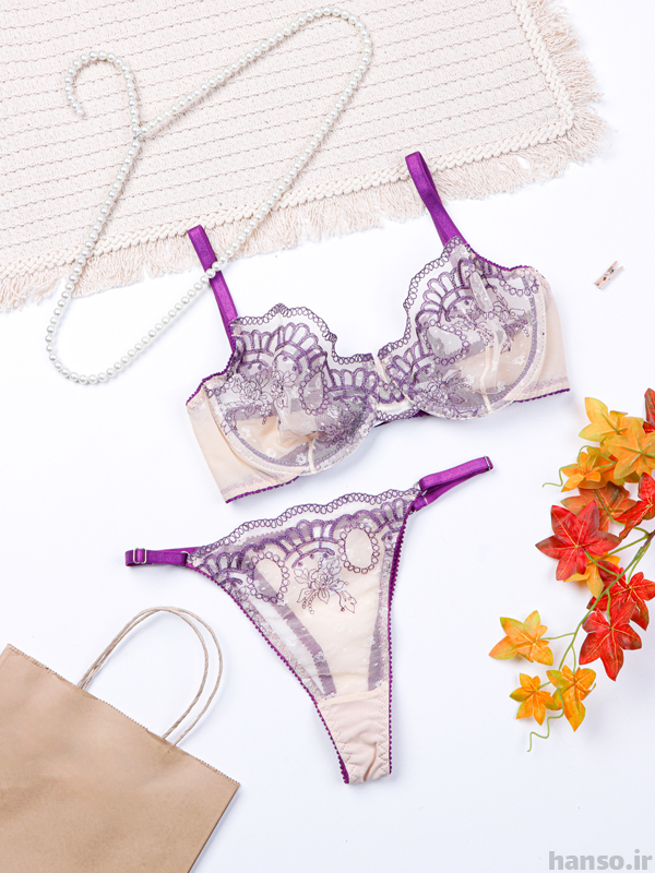 1 ست شورت و سوتین فنردار توری ژینا Jina کرم بنفش کد 1148