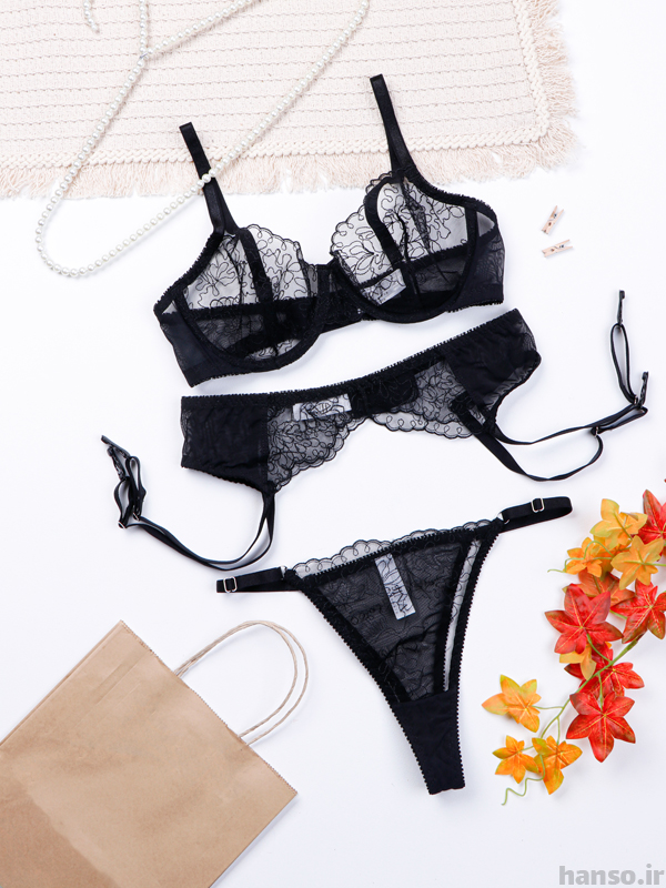 1 ست بند جوراب و شورت و سوتین توری ژینا Jina فنردار مشکی طرح B کد 1200