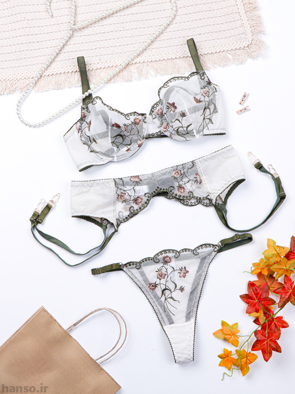 1 ست بند جوراب و شورت و سوتین توری ژینا Jina فنردار سفید کد 1200