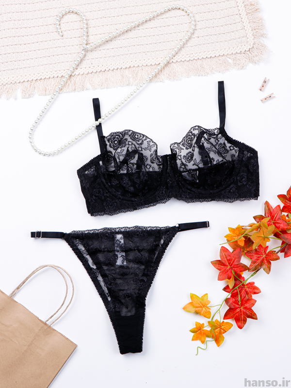 1 ست شورت و سوتین فنردار توری ژینا Jina مشکی طرح D کد 2005