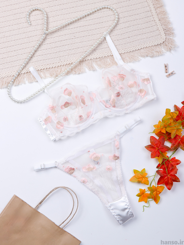 1 ست شورت و سوتین فنردار توری ژینا Jina سفید صورتی کد 1008