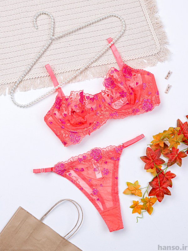 3 ست شورت و سوتین فنردار توری ژینا Jina مرجانی کد 2005