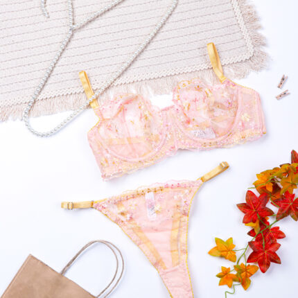 ست شورت و سوتین فنردار توری ژینا Jina صورتی طرح B کد 1007