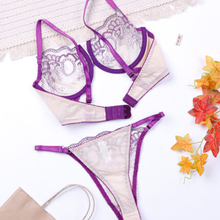 ست شورت و سوتین فنردار توری ژینا Jina کرم بنفش کد 1148