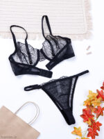 ست بند جوراب و شورت و سوتین توری ژینا Jina فنردار مشکی طرح B کد 1200