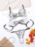 ست بند جوراب و شورت و سوتین توری ژینا Jina فنردار سفید کد 1200