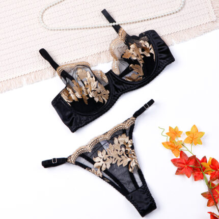 ست شورت و سوتین فنردار توری ژینا Jina مشکی طلایی طرح B کد 1009